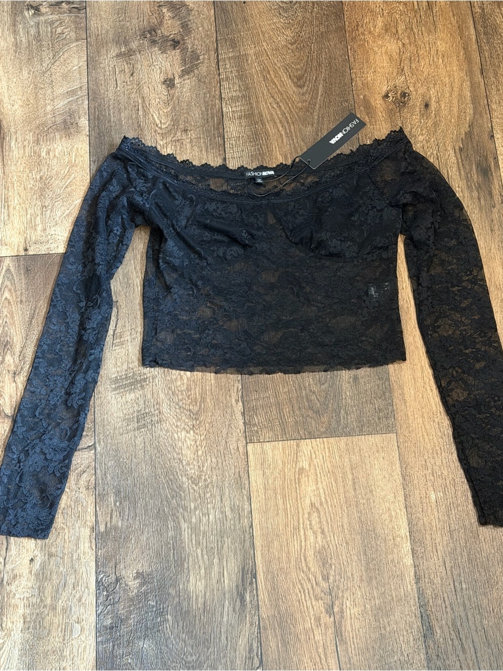 Fashion Nova Black Lace Off-Shoulder Long Sleeve Crop Top